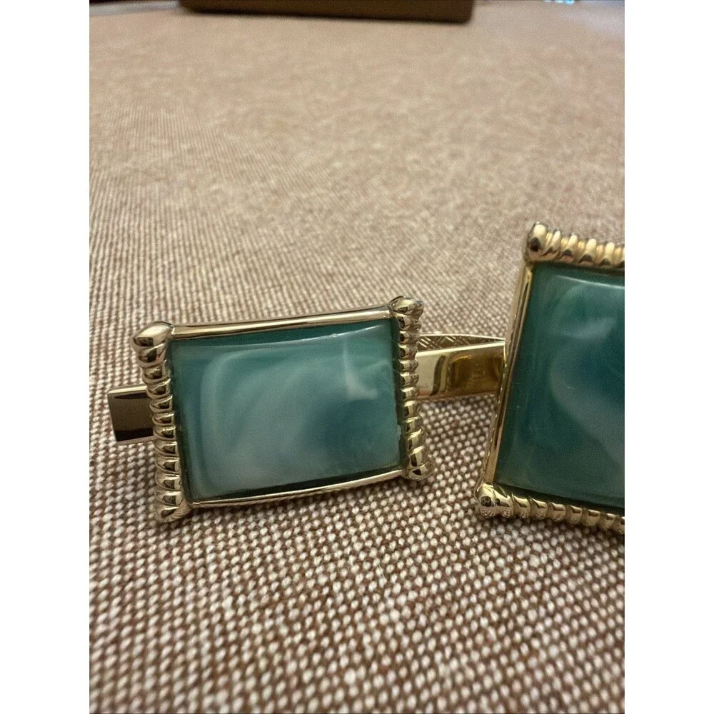 Green Stone Rolled Border Yellow Gold Plated Cuff Links And Tie Pin